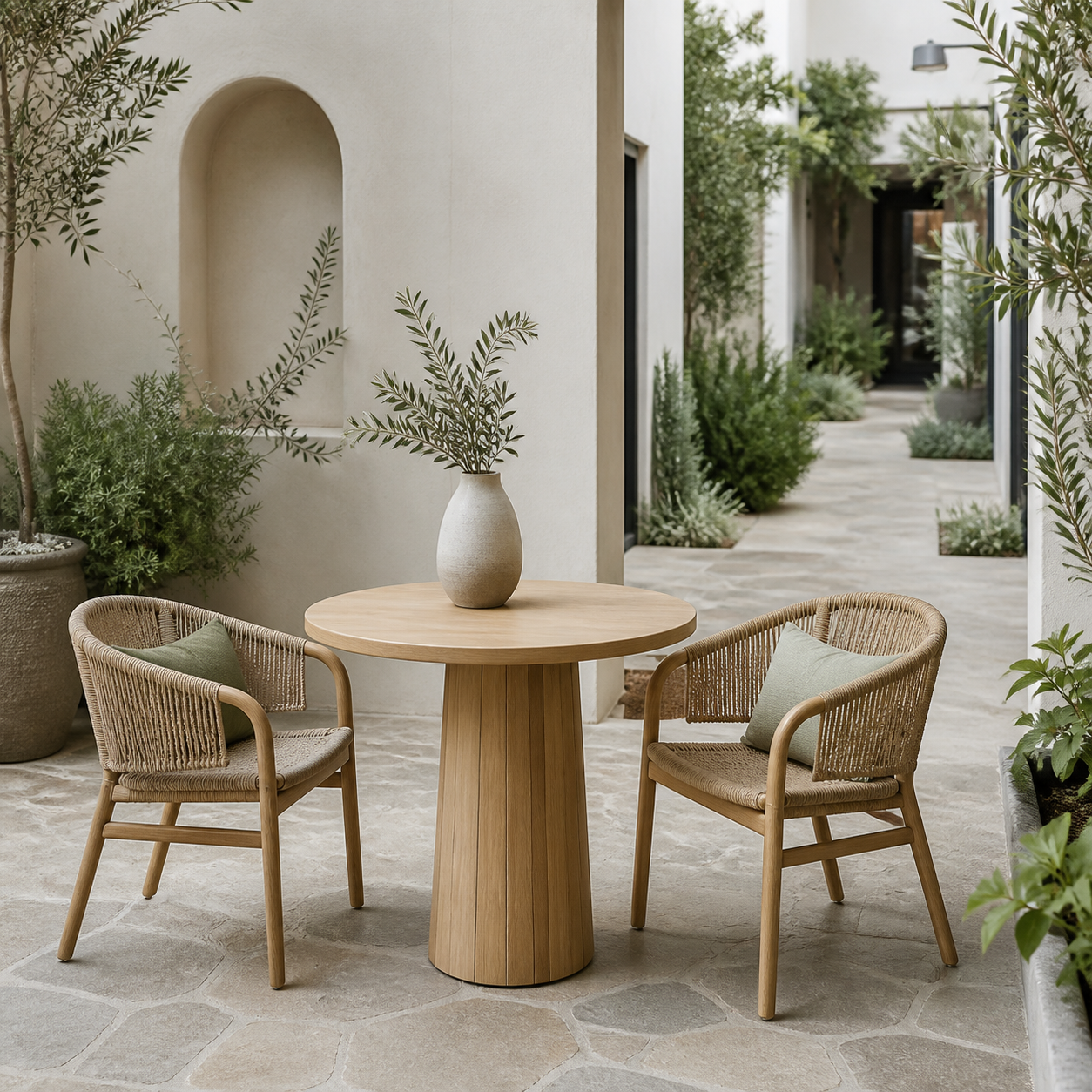 A cozy outdoor patio with a round wooden table, two wicker chairs with cushions, and potted plants in a minimalist setting with stone flooring and a pathway lined with greenery.