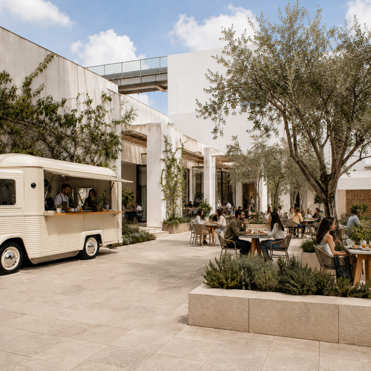 Outdoor cafe with people dining at tables under trees; a vintage food truck serving coffee or drinks; modern white building with greenery; sunny sky with clouds.