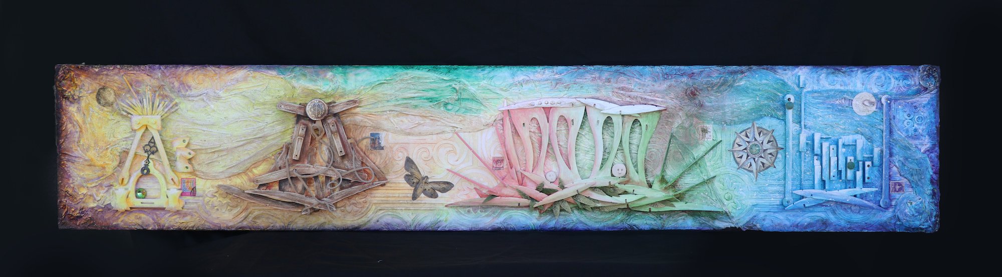 MOTH MARVEL IN MINKOWSKI SPACE*** ... Starting as an exploration of textures, architecture, colours and ephemera the piece gradually coalesces into a statement of my astrophysical marvelling. Organized into four sections the collage represents the fo