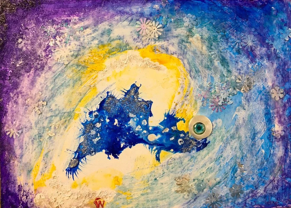 THE EYE OF THE STORM SEES THINGS DIFFERENTLY ... Starting as an exploration of media, during a cold and wintery evening, the notion of ‘storm’ rose from the ink spots. The ‘eye of the storm’ is a calm, yet dangerous place in the middle of a hurricane