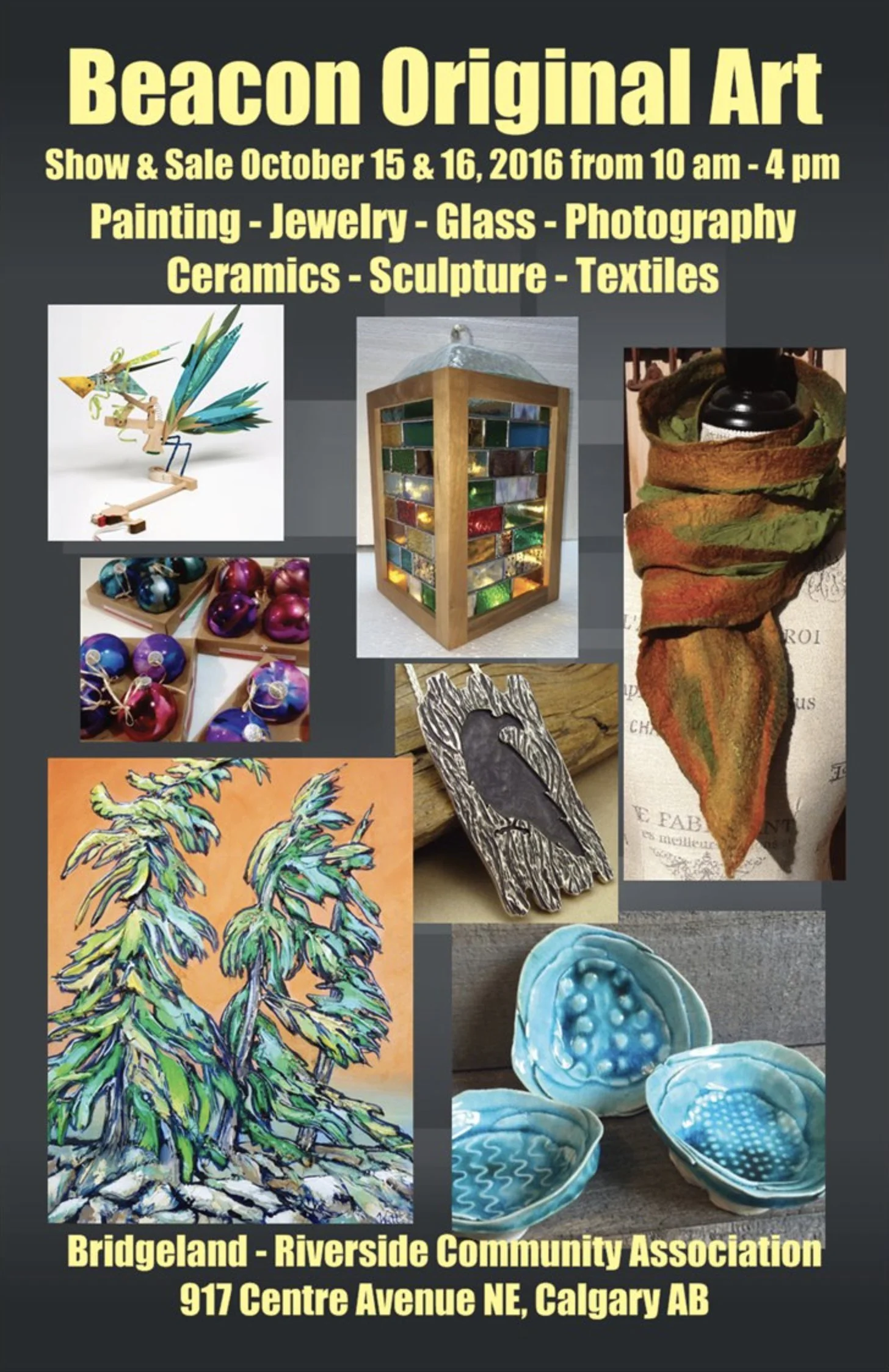 Poster advertising the Beacon Original Art show and sale, October 15-16, 201 The poster includes images of various artworks: colorful abstract sculpture, stained glass lantern, fabric scarf, painted ornaments, colorful abstract painting of a tree, an