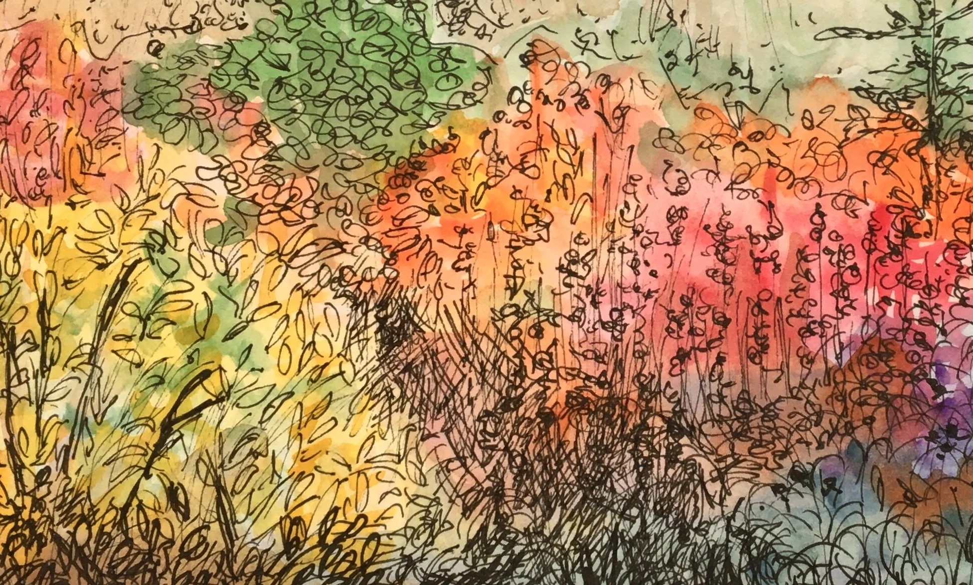 Water colour and ink - colourful foliage 