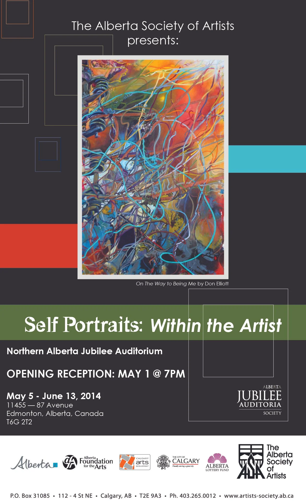 Event poster for the Alberta Society of Artists exhibition 'Self Portraits: Within the Artist' at the Alberta Jubilee Auditoriums. The exhibition ran from May 5 to June 13, 2014.