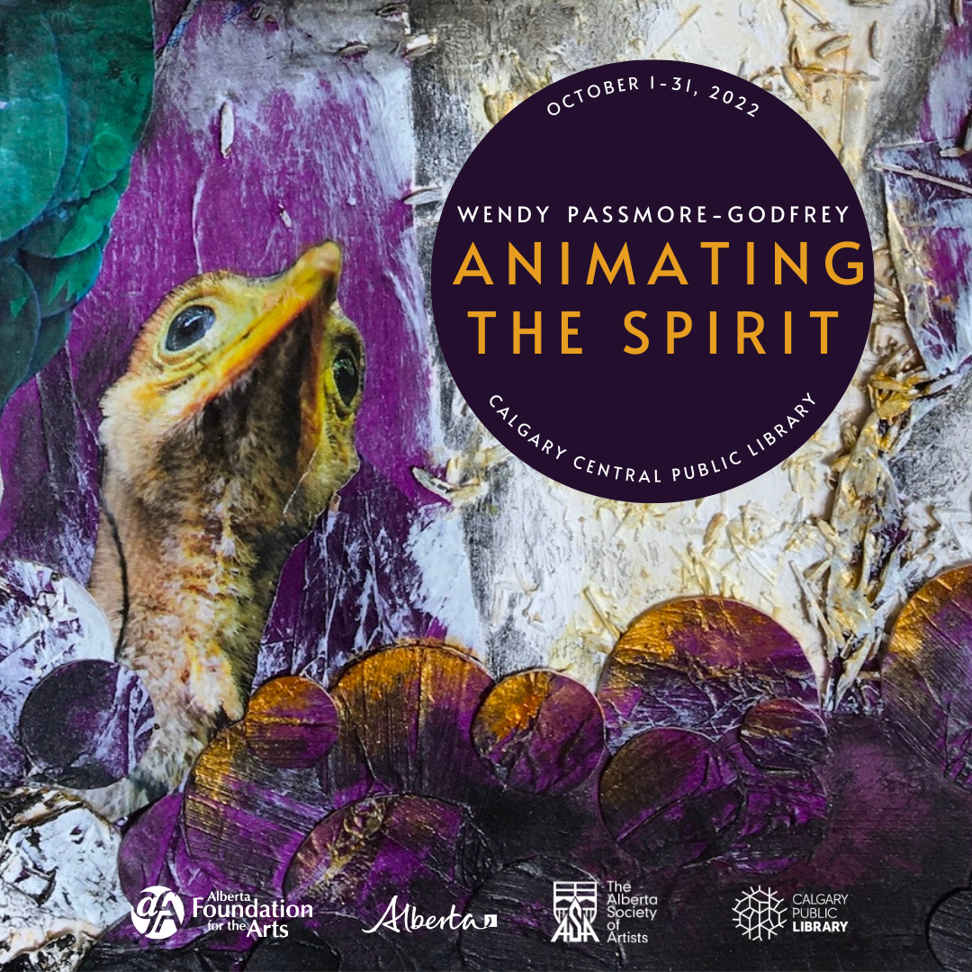 purple toned poster for an art show with a orange ostrich chick head