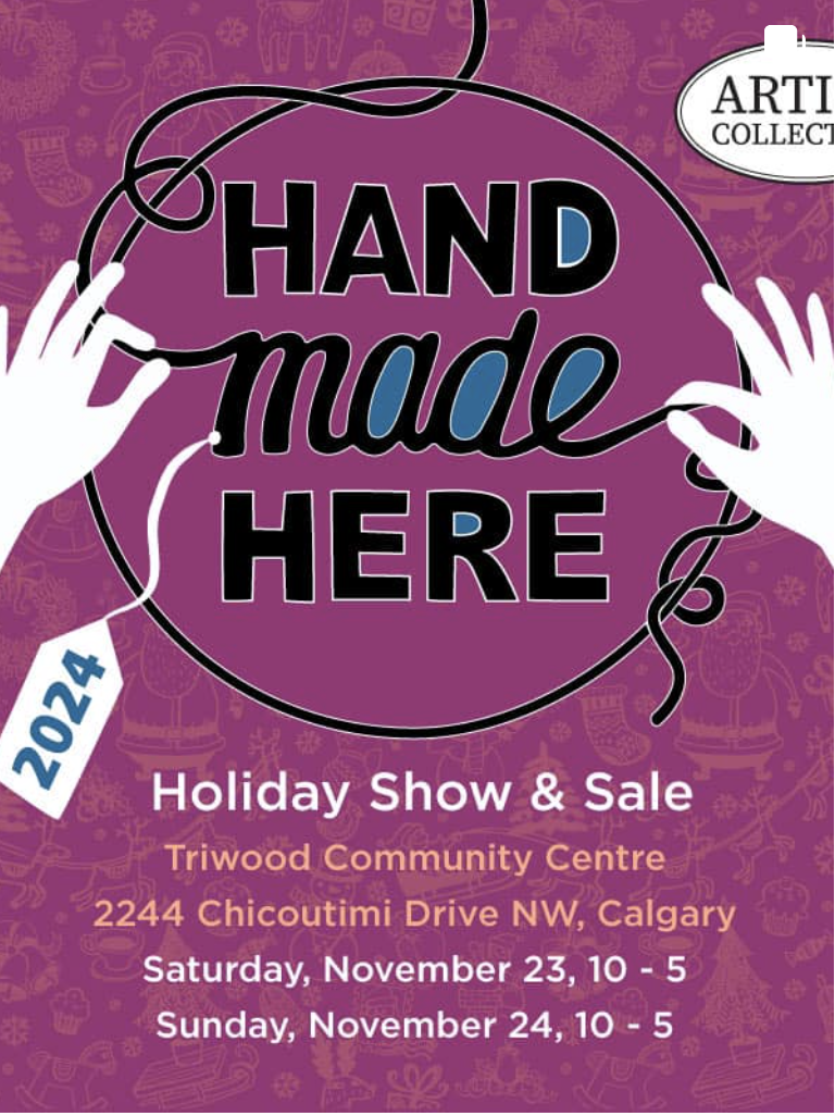 Flyer for a holiday craft fair titled 'Hand Made Here' featuring an illustration of two hands knitting, with event details including date, location, and hours.