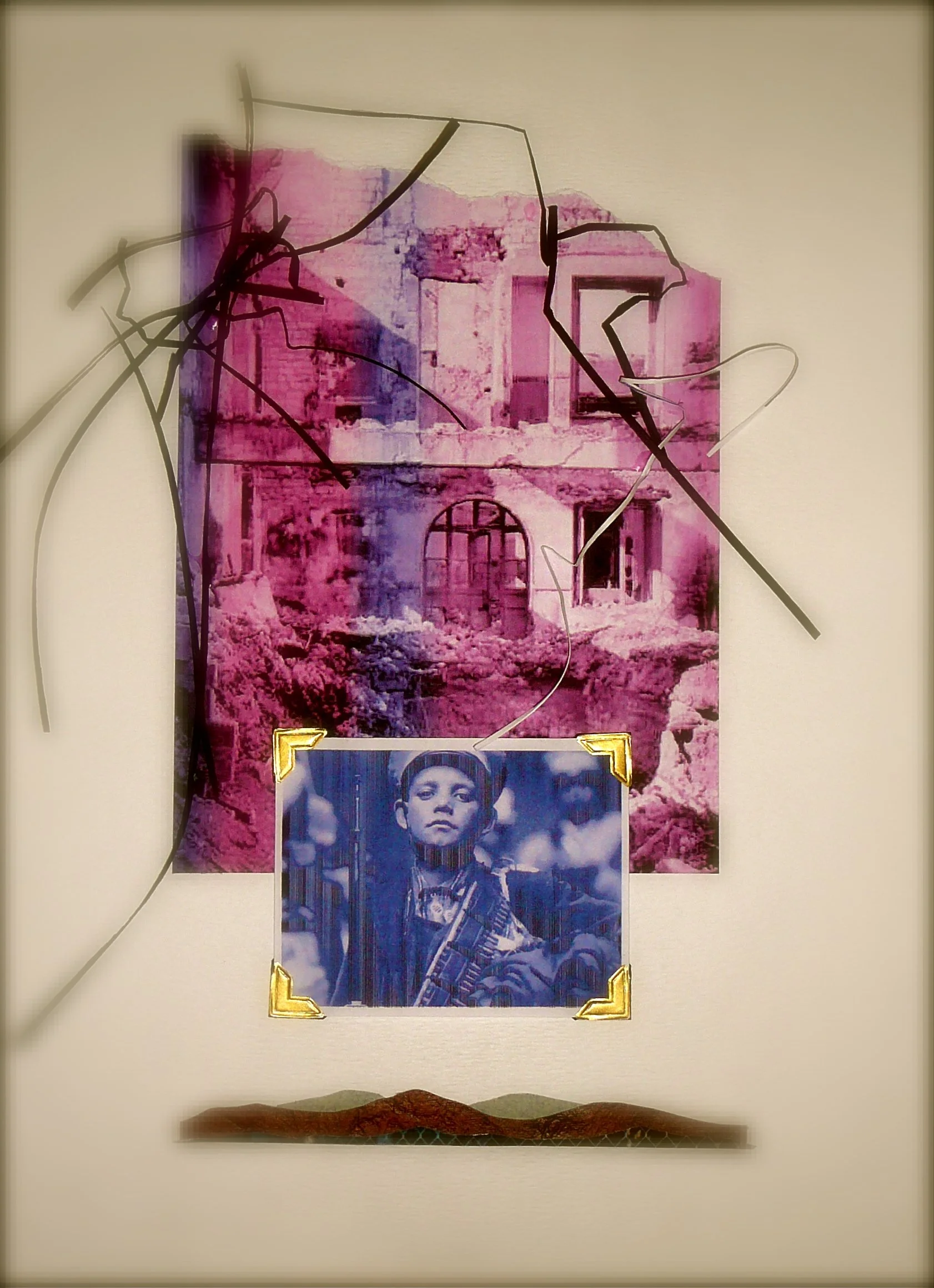 A wall display featuring a black-and-white photograph of a young boy with a serious expression, framed with gold corner accents. Above it is a pink, purple, and blue landscape-like image with abstract lines overlaying.