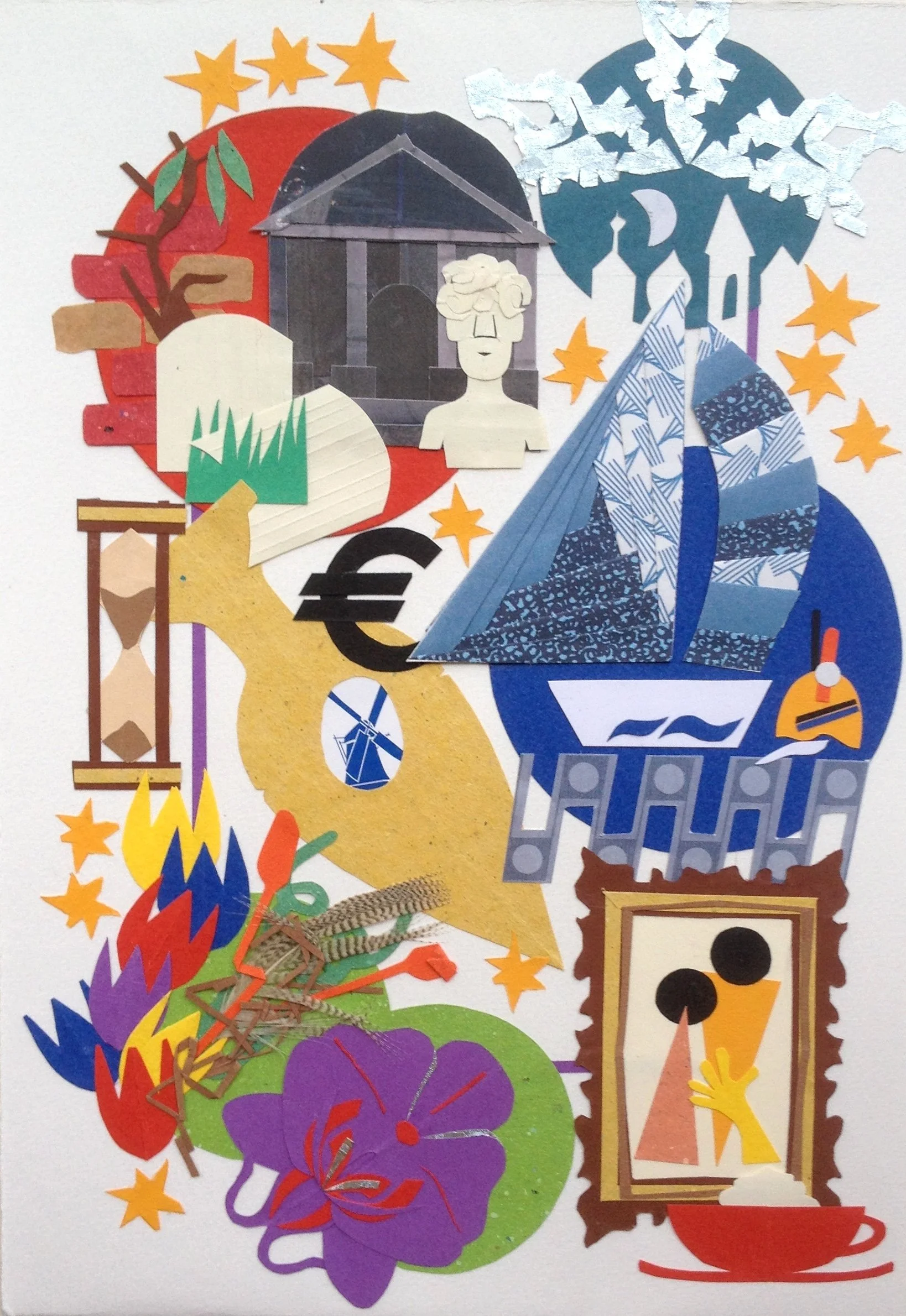A colourful collage of various cut-out paper shapes and drawings, depicting objects like architectural archways, framed picture, stars, a tent, fireworks, wheels, and abstract designs.