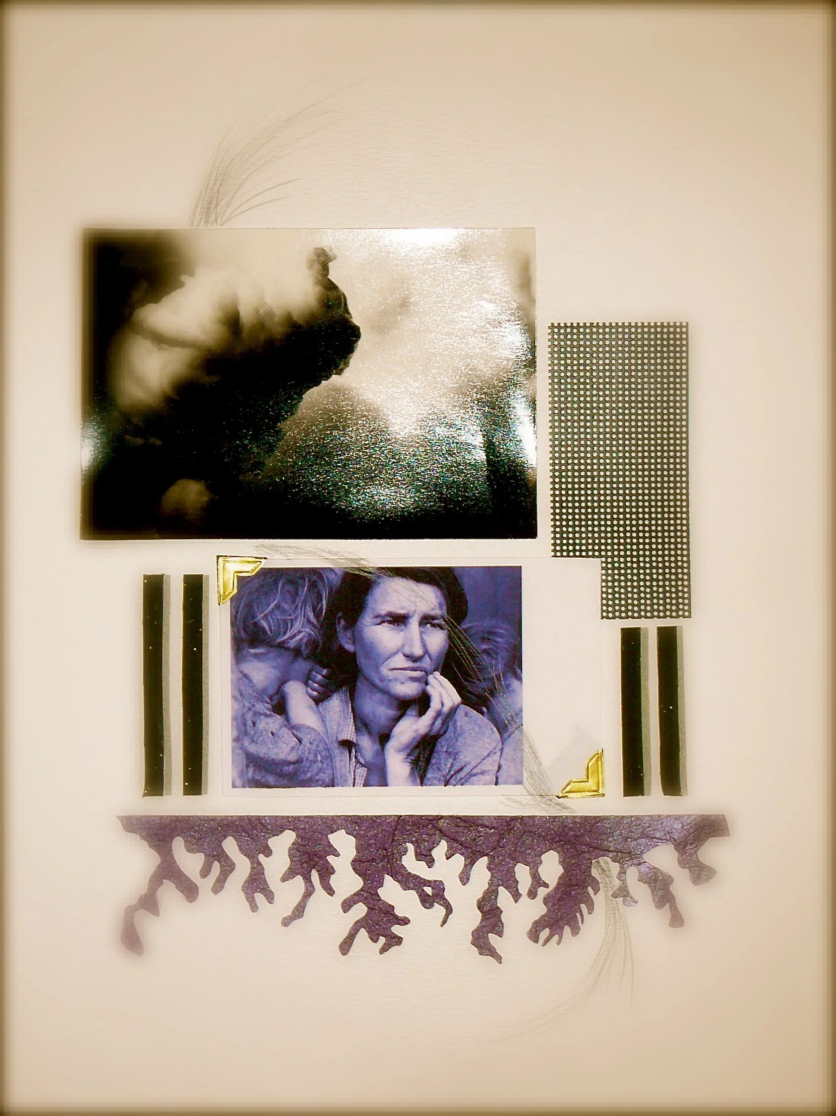 A mixed media art piece featuring a grayscale photograph of a woman with a contemplative expression, a black and white photo of a male singer, and abstract geometric elements, all framed with decorative gold corner protectors and a purple lace base.