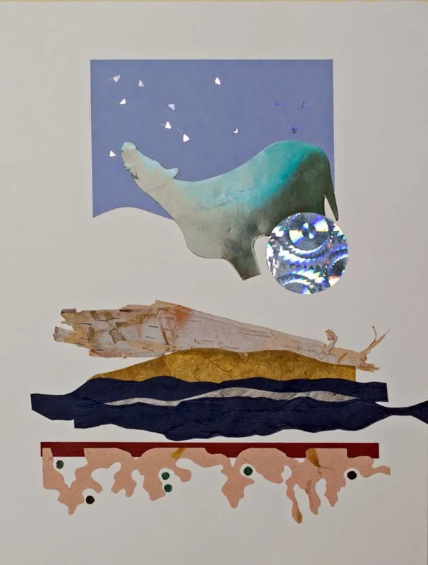 Collage of a cow in the sky with paper and birch bark landscape
