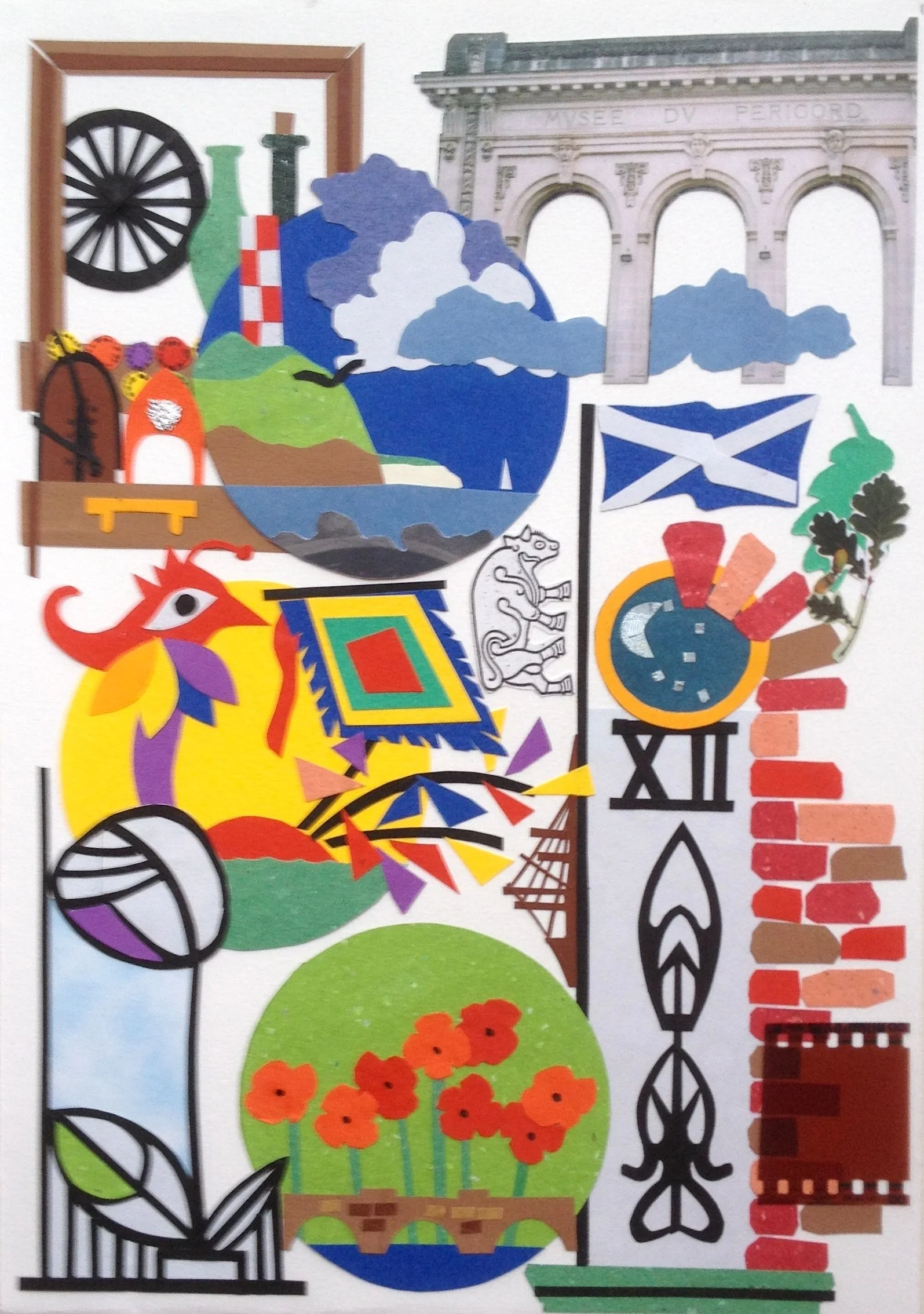 Colorful collage featuring a historic monument, a flag, a dragon, flowers, and various abstract shapes and patterns.