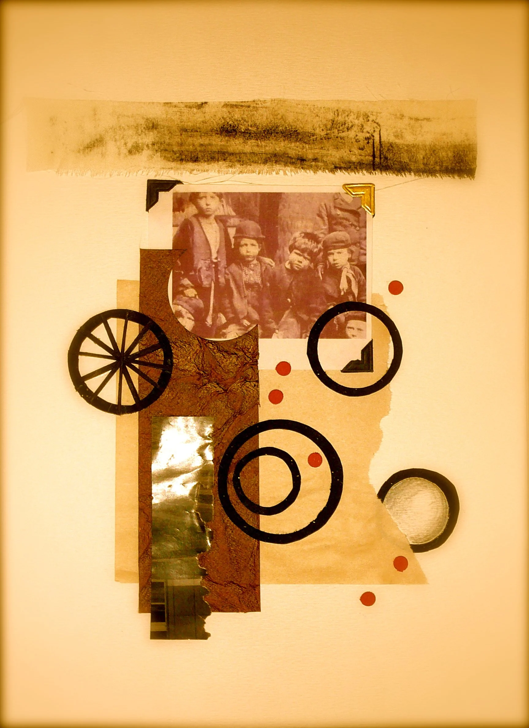 A collage of various images including a landscape, a vintage photograph of children, abstract circular designs, and torn paper elements.