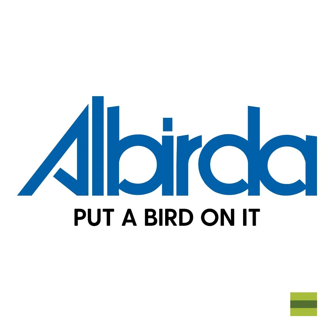 Albirda logo in blue with tagline 'Put a bird on it' in black beneath