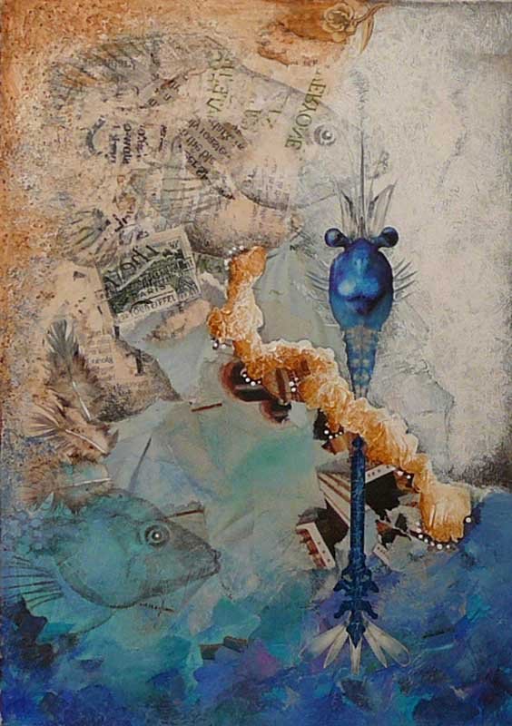 Collage of a blue squid, newspaper cuttings and fish