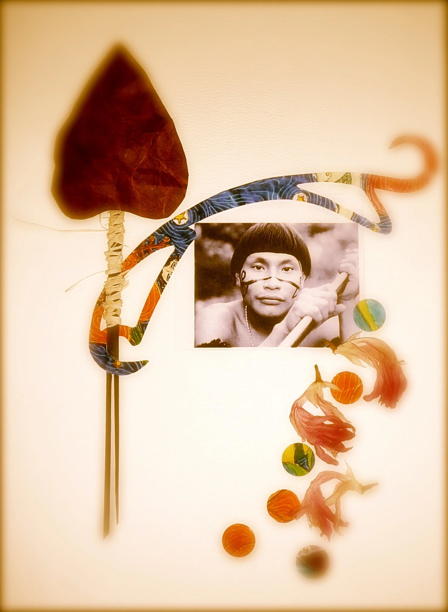 An art piece featuring a black and white photograph of Bruce Lee, combined with colorful, abstract, ribbon-like shapes and round elements, arranged on a white background.