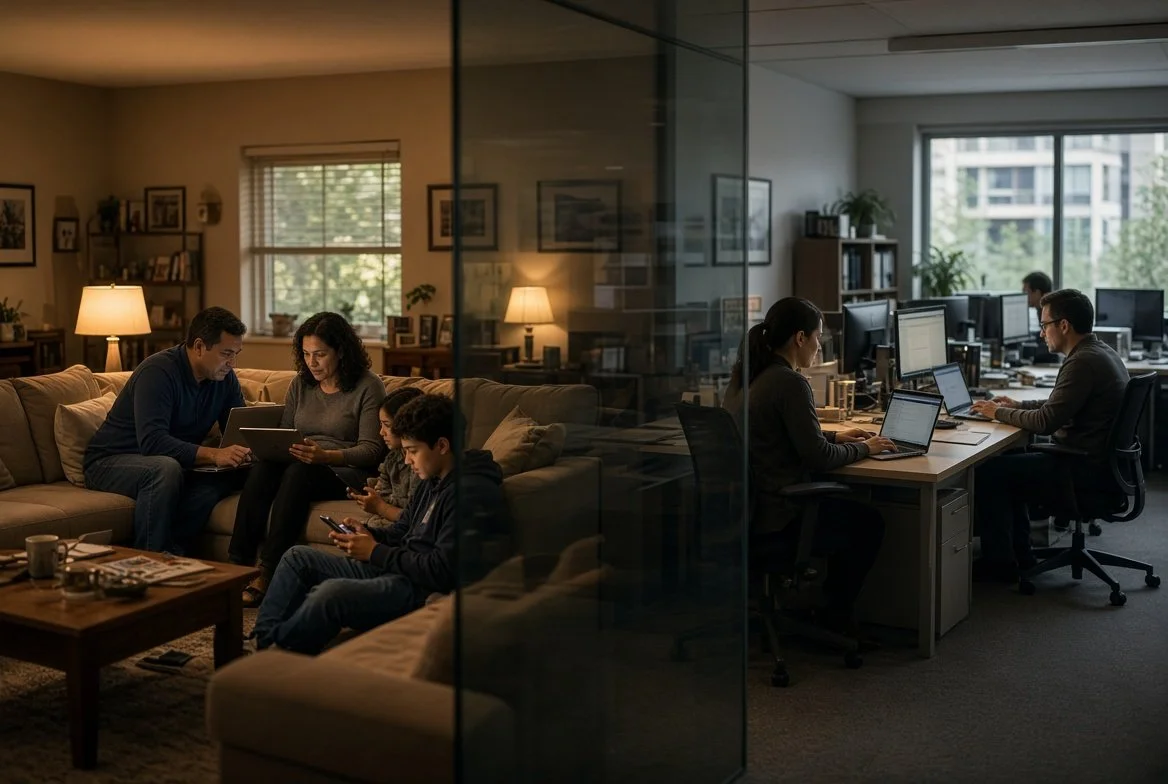 A family relaxing together at home on one side and a busy office workspace on the other, representing personal and workplace digital safety.