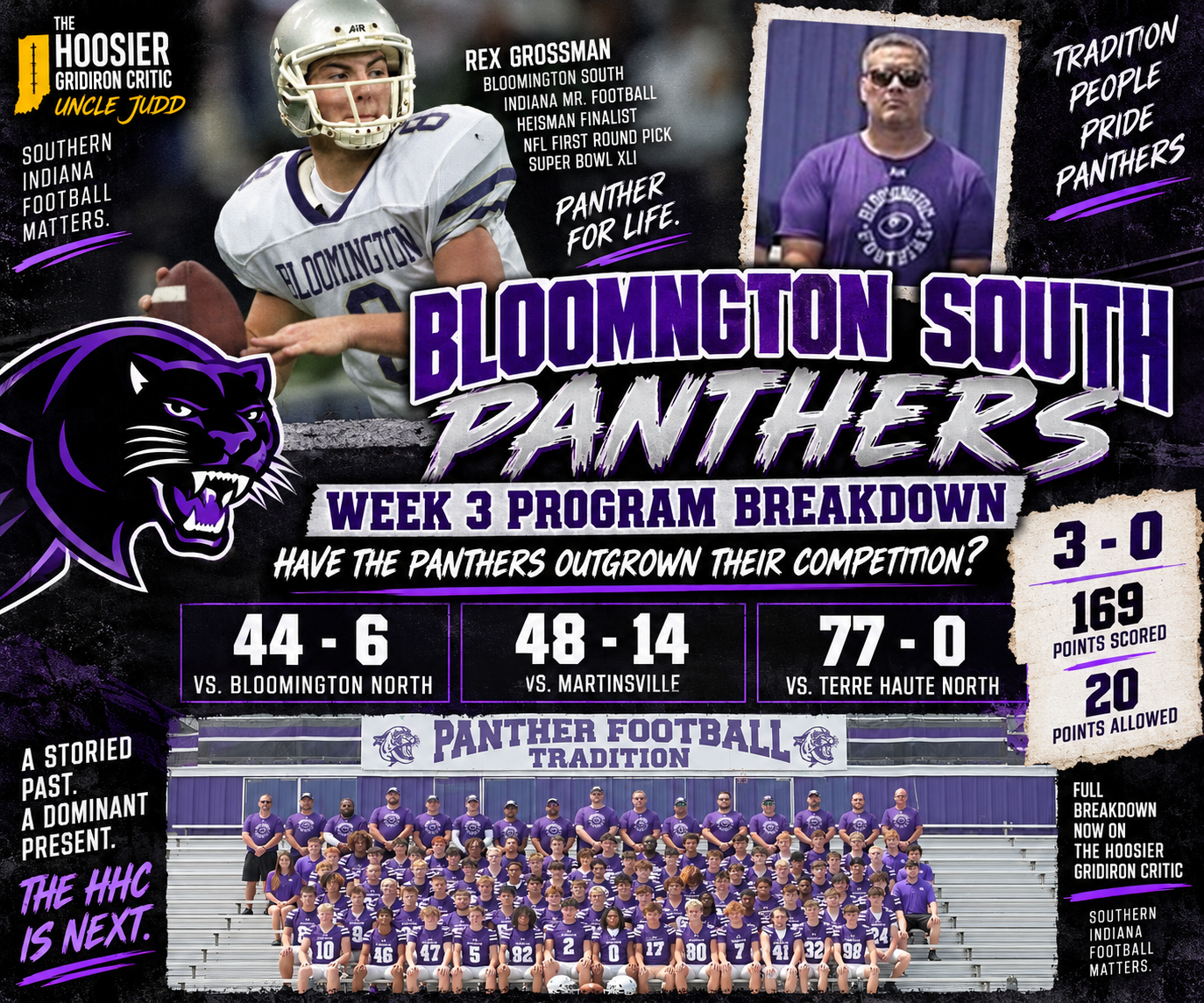 A sports team poster for Bloomington South Panthers football team showcasing week 3 program statistics and team photo, highlighting player Rex Grossman, and emphasizing school pride, tradition, and local football achievements.