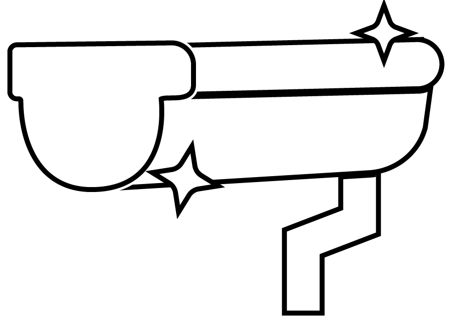 A stylized, black and white icon of a gutter with sparkles around it.
