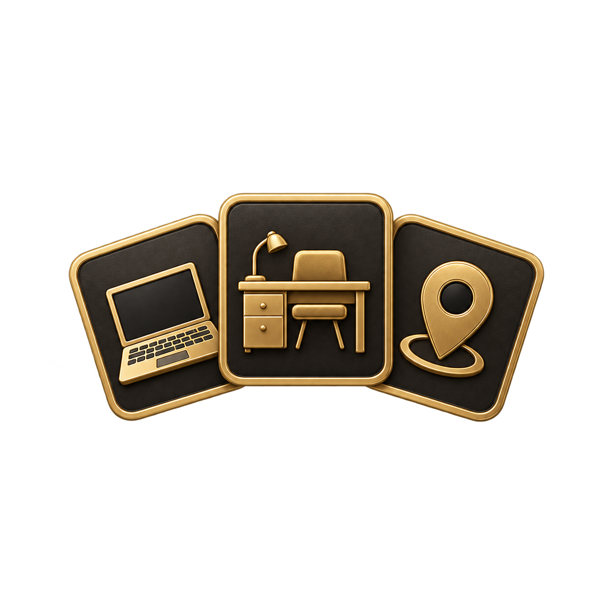 Gold and black icons representing a laptop, a desk with a lamp, and a location pin.