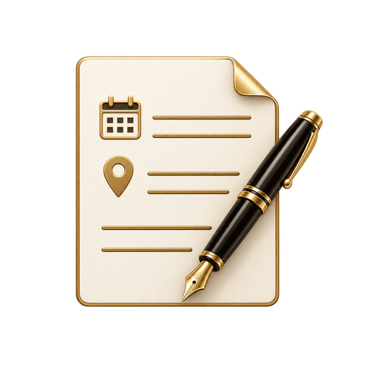 A decorative white folder with gold accents featuring icons of a calendar, a location pin, and lines of text, along with a black and gold pen resting on it.