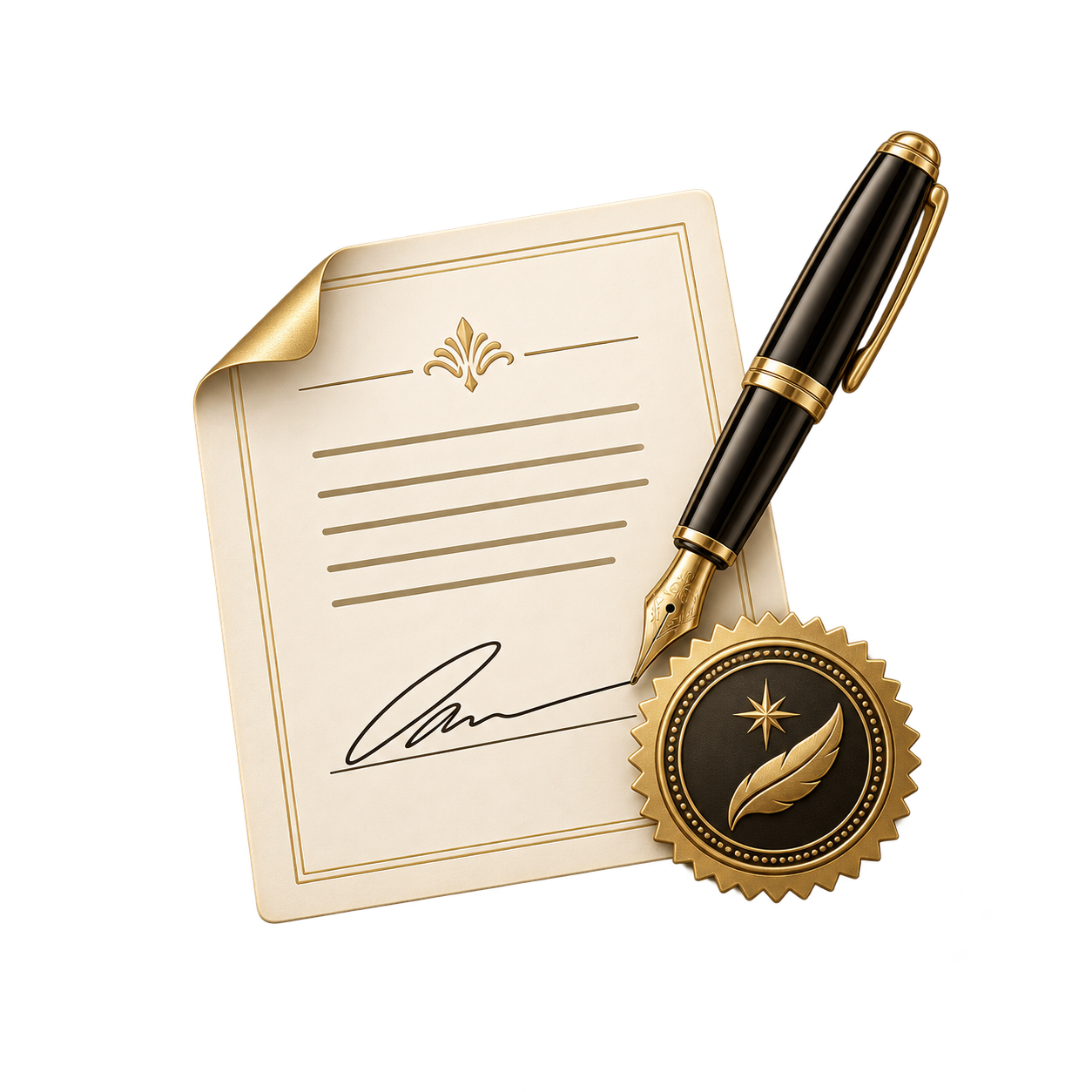 A black and gold fountain pen, a document with an ornate heading, signature, and lines, and a gold seal with a feather and star.