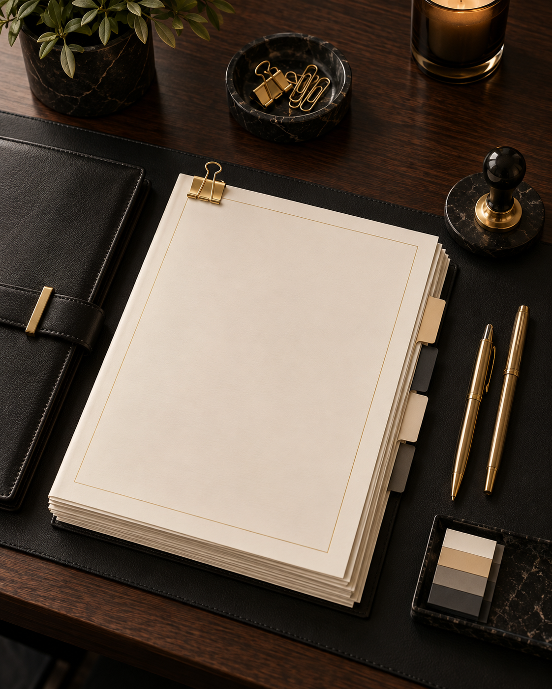 Desk with a black leather notebook, a stack of blank papers clipped with gold binder clips, two gold pens, a small tray with color swatches, a black marble stamp, a candle, and a potted plant.