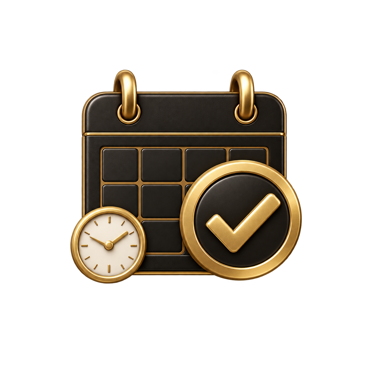 Black and gold calendar icon with a checkmark, a clock, and a checkmark symbol in a circle.