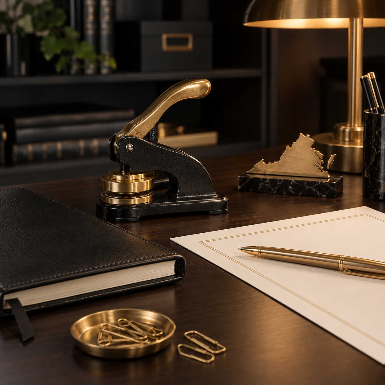 Elegant office desk with black and gold hole puncher, black leather notebook, gold paper clips, gold pen on a white paper, gold desk lamp, decorative gold mount of the state of Virginia, and black bookshelves in background.