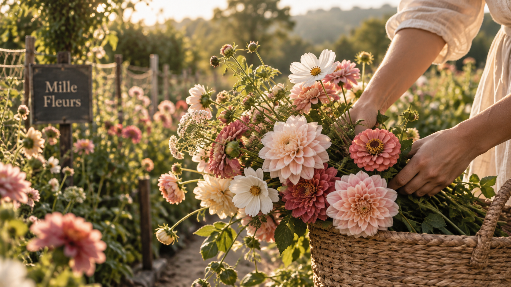 Seasonal dahlias, zinnias and flowers being gathered at Mille Fleurs Farm in Doonan.