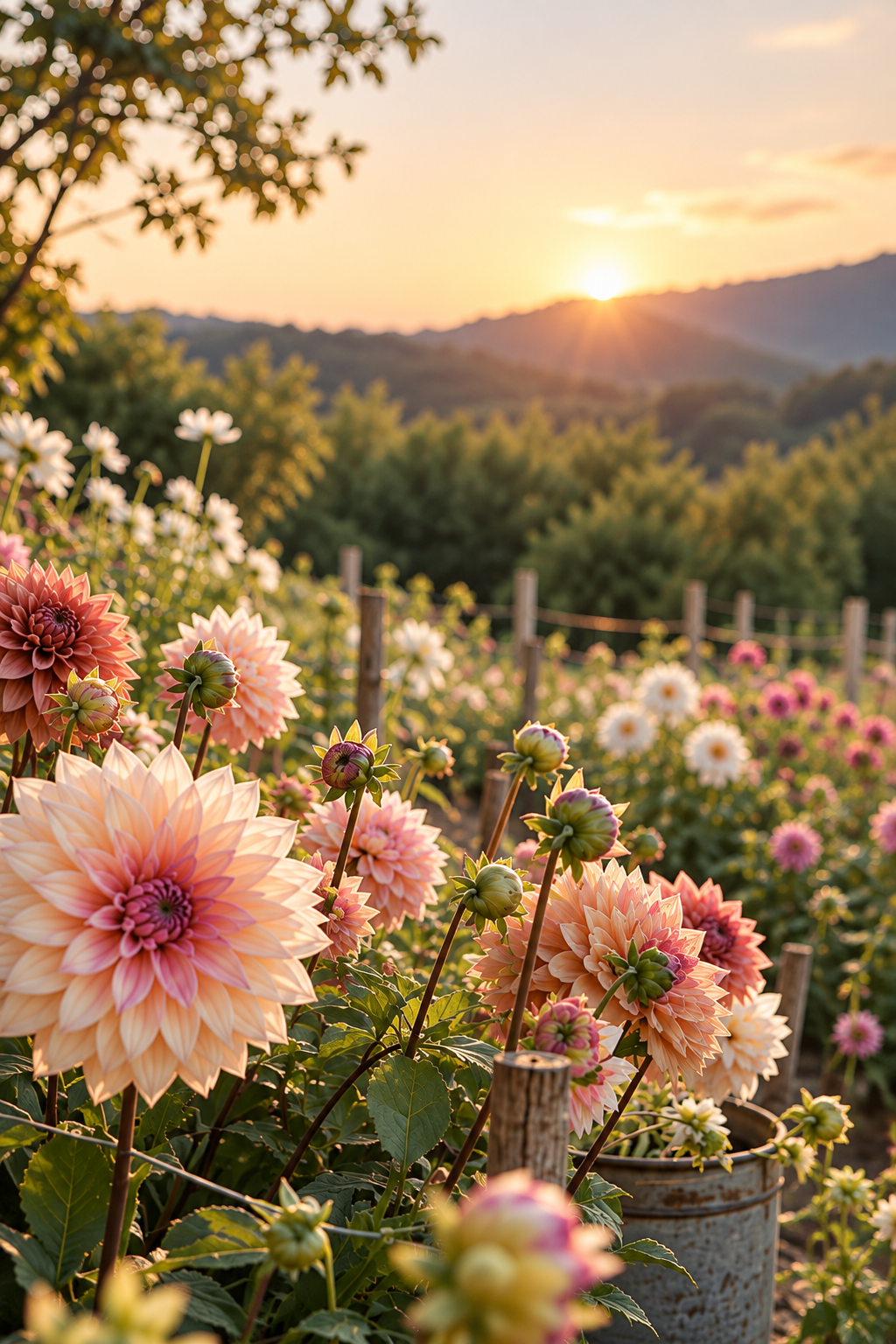 Peach and pink dahlias growing at sunset in the Noosa Hinterland.