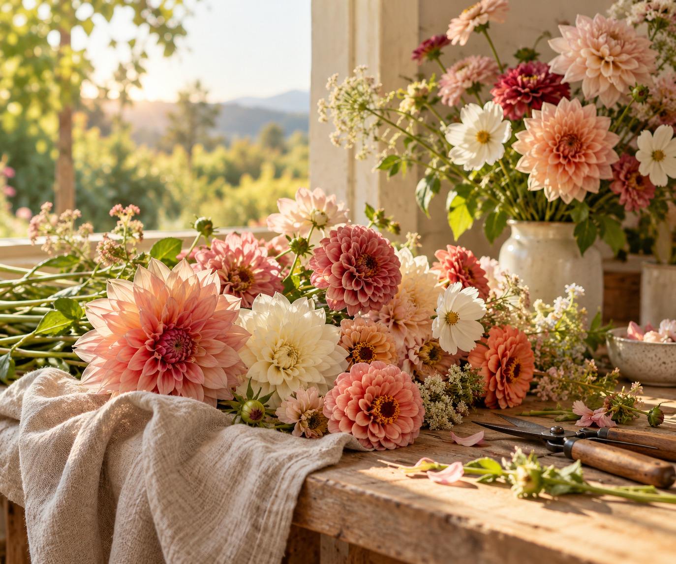 Freshly gathered dahlias and seasonal flowers on the flower-arranging table at Mille Fleurs.