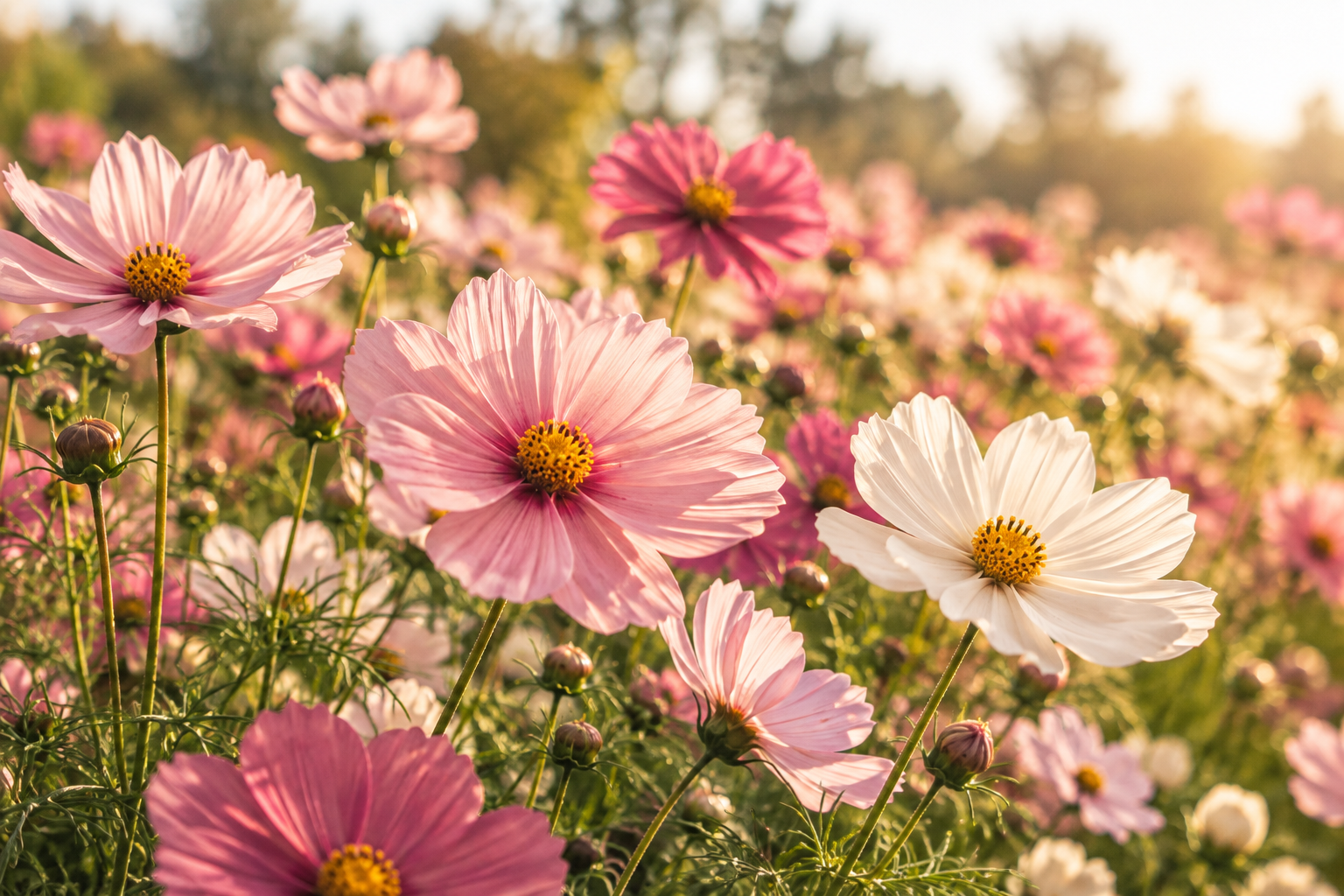 Pink and white cosmos flowering in warm afternoon light.