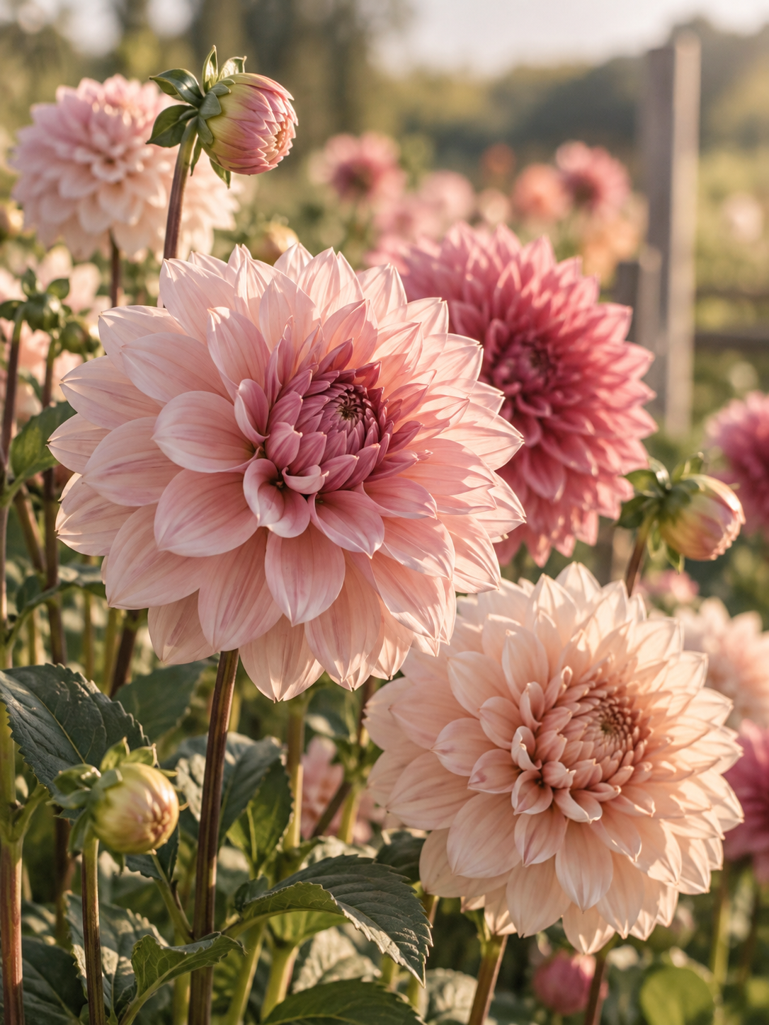Close-up of pink dahlia flowers in a garden during golden hour sunlight.
