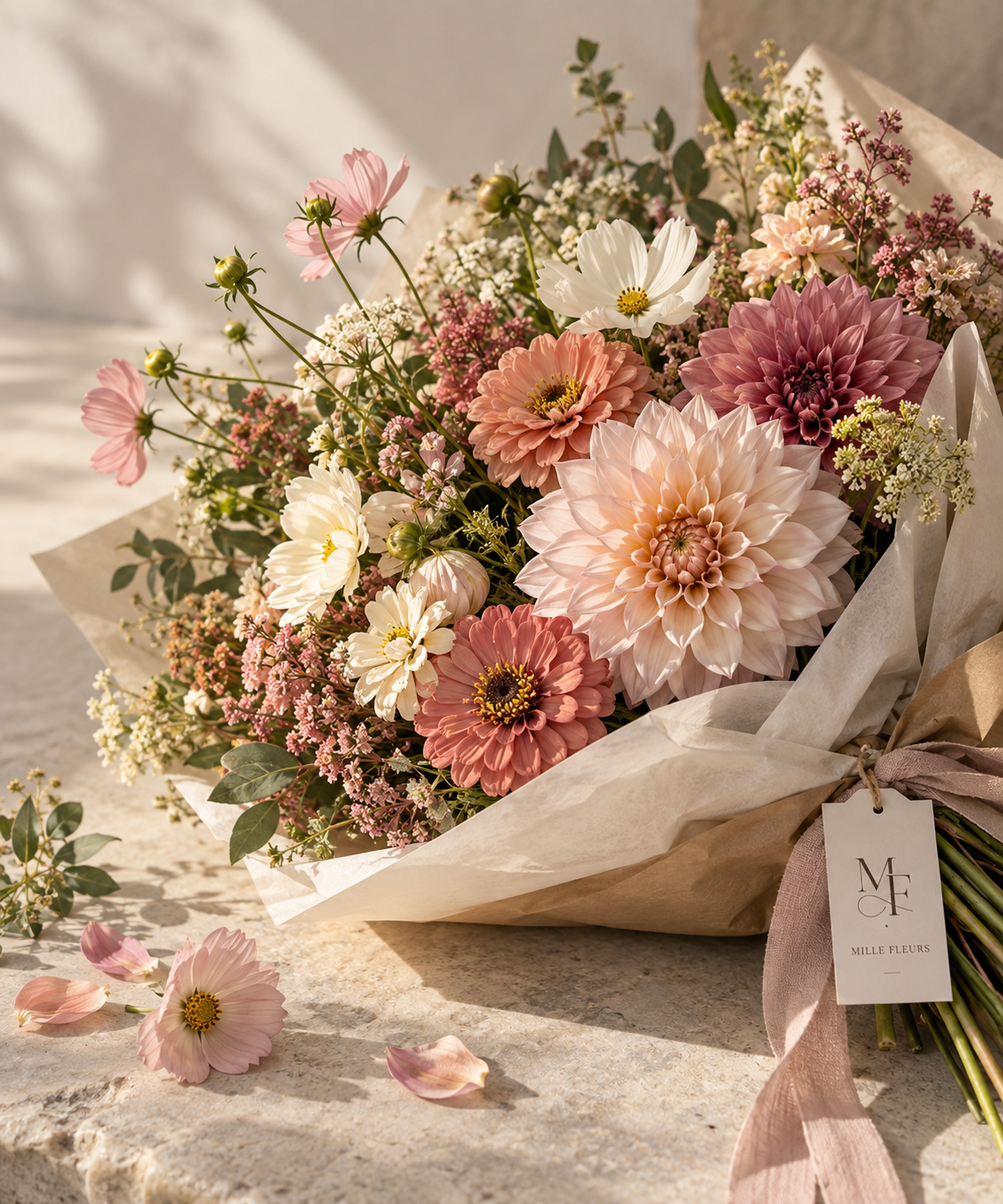 Bouquet of pink, white, and burgundy flowers wrapped in paper with a tag reading "MILLE FLEURS" placed on a stone surface.