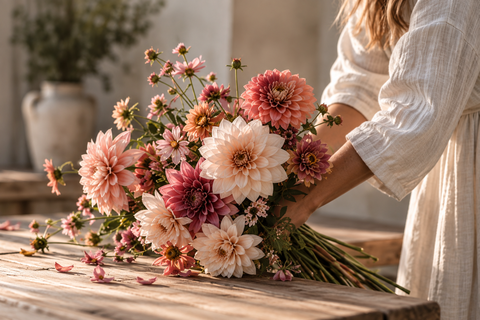 Person arranging a bouquet of pink and white dahlias and small pink flowers on a wooden table