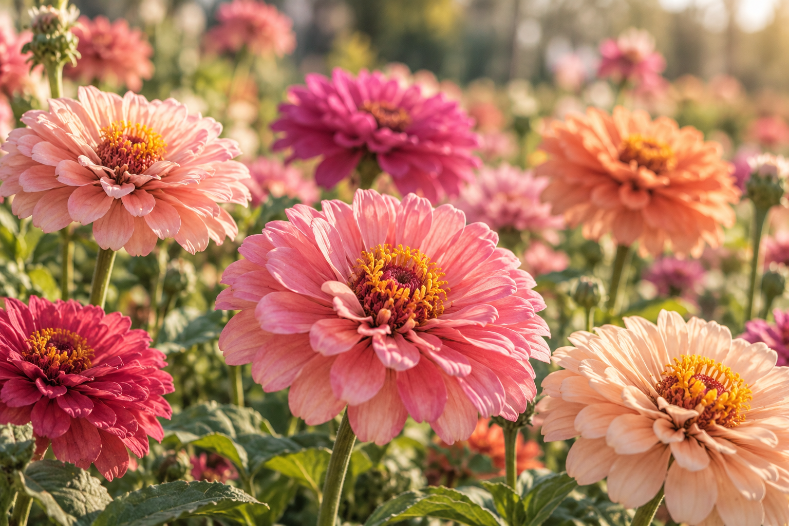 Pink, peach and red zinnias flowering in the garden at Mille Fleurs.