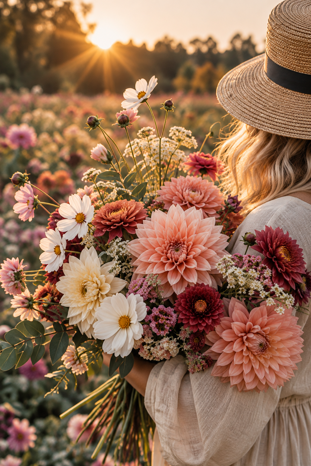 A person holding a large bouquet of various flowers, including dahlias and daisies, in a field during sunset, wearing a wide-brimmed hat.