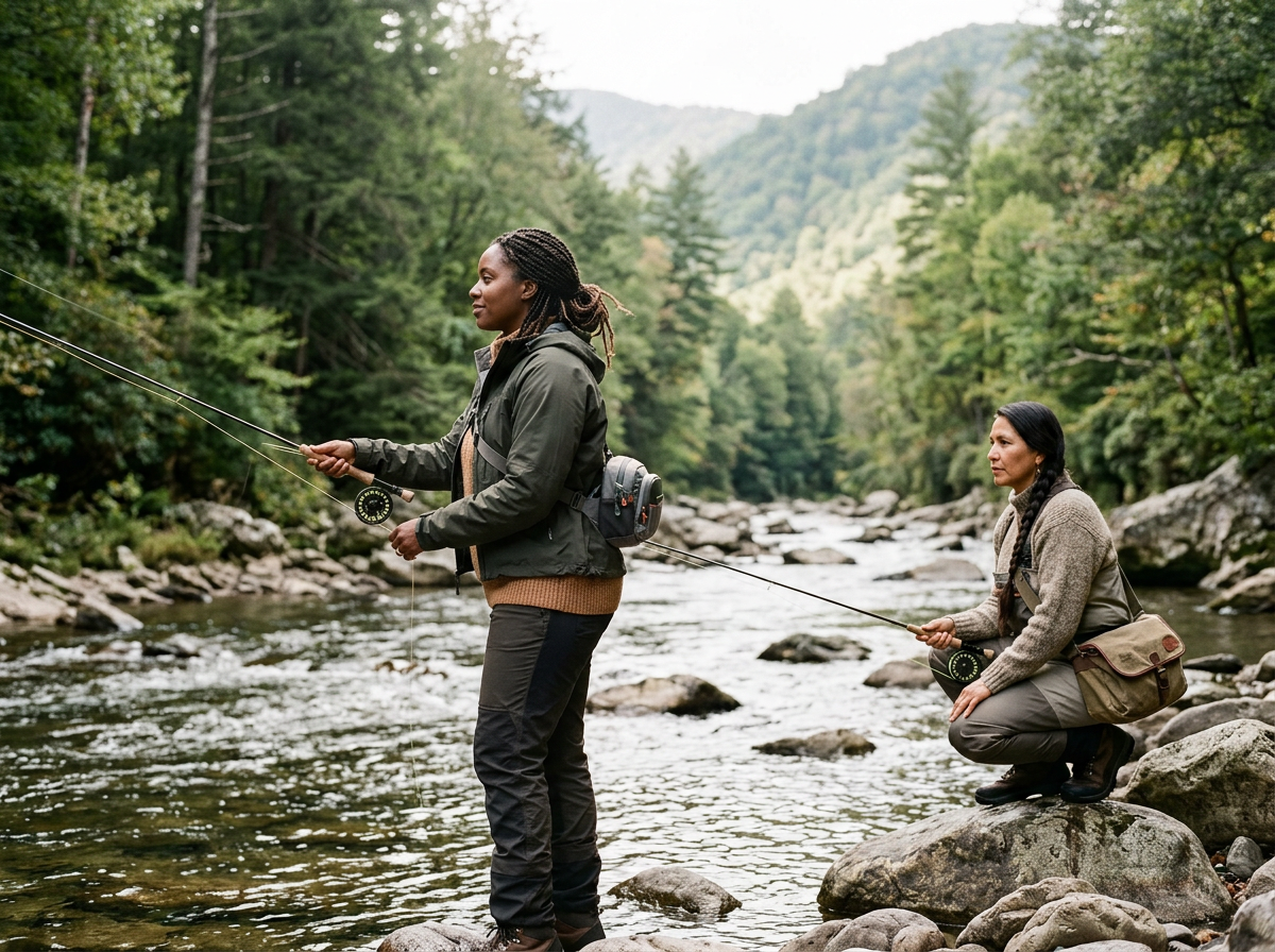 two women fish together outdoors