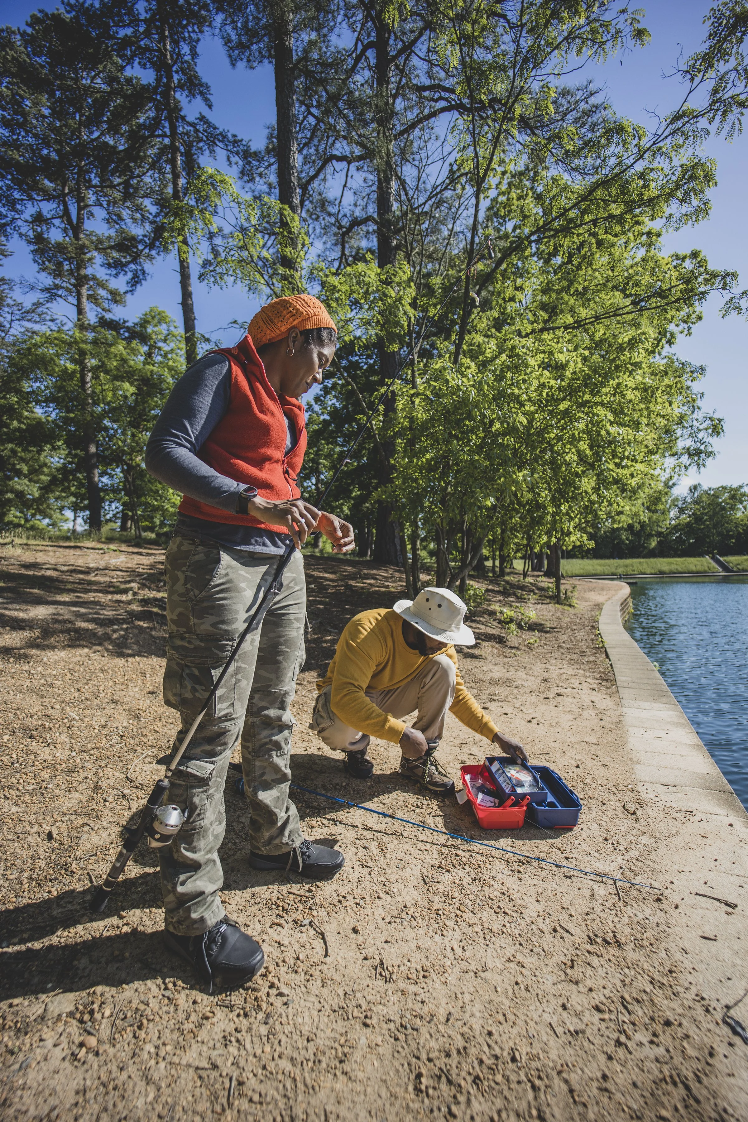 A couple prepares to fish