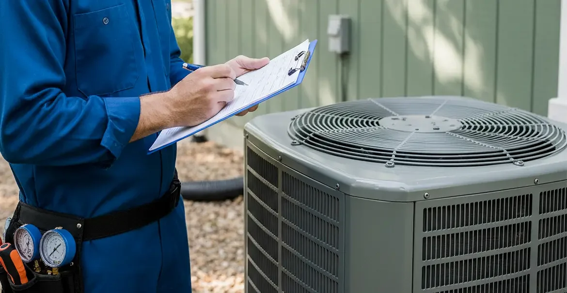 Technician in blue uniform taking notes on a clipboard next to an air conditioning unit outside.