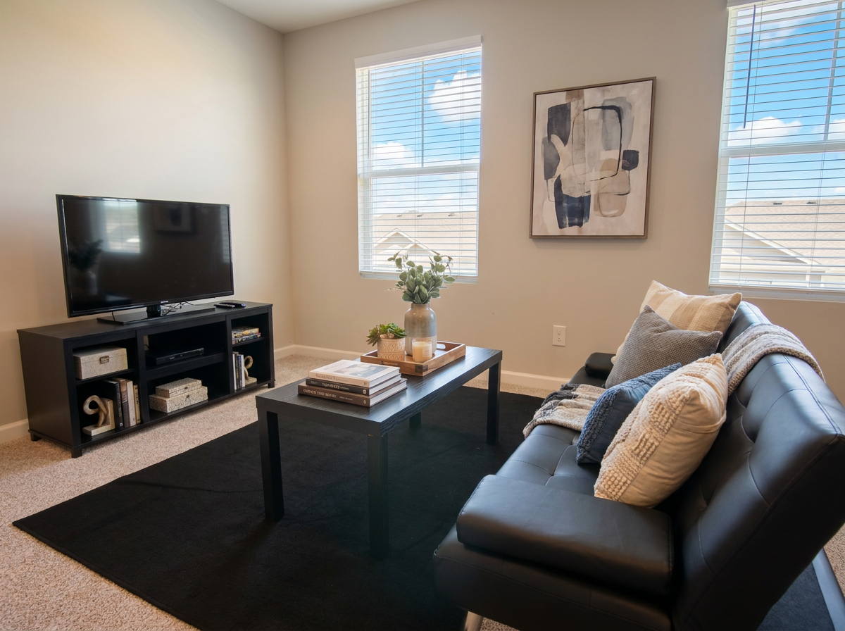 Exclusive large living space fully furnished with futon, loveseat, TV, coffee table, and dining area. 