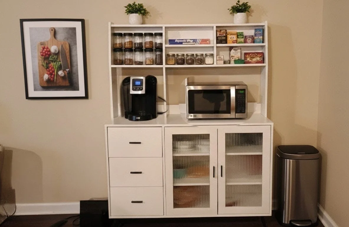 Kitchenette with air fryer & 2-in-1 electric grill (not shown), microwave, and coffee Keurig. 