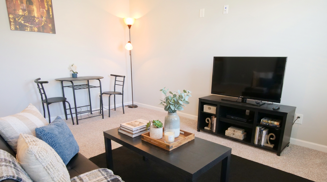 Exclusive large living space fully furnished with futon, loveseat, TV, coffee table, and dining area.