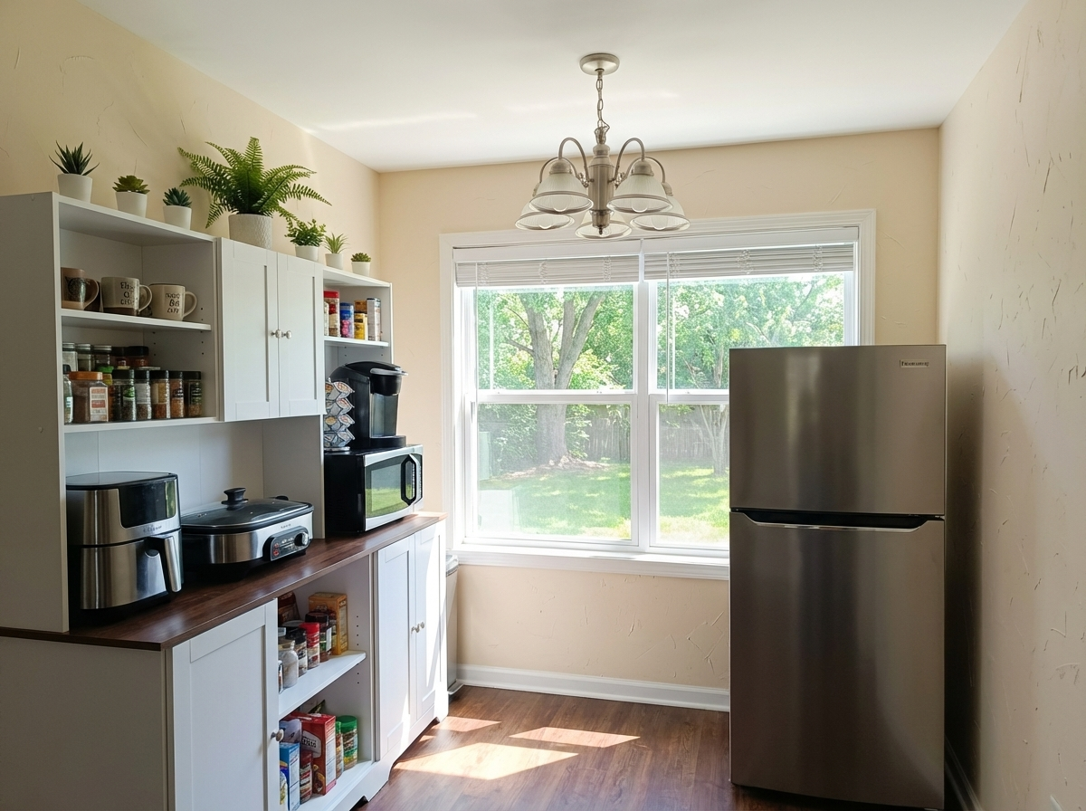 Kitchenette with air fryer, 2-in-1 electric pot and grill, Keurig, and microwave oven. 