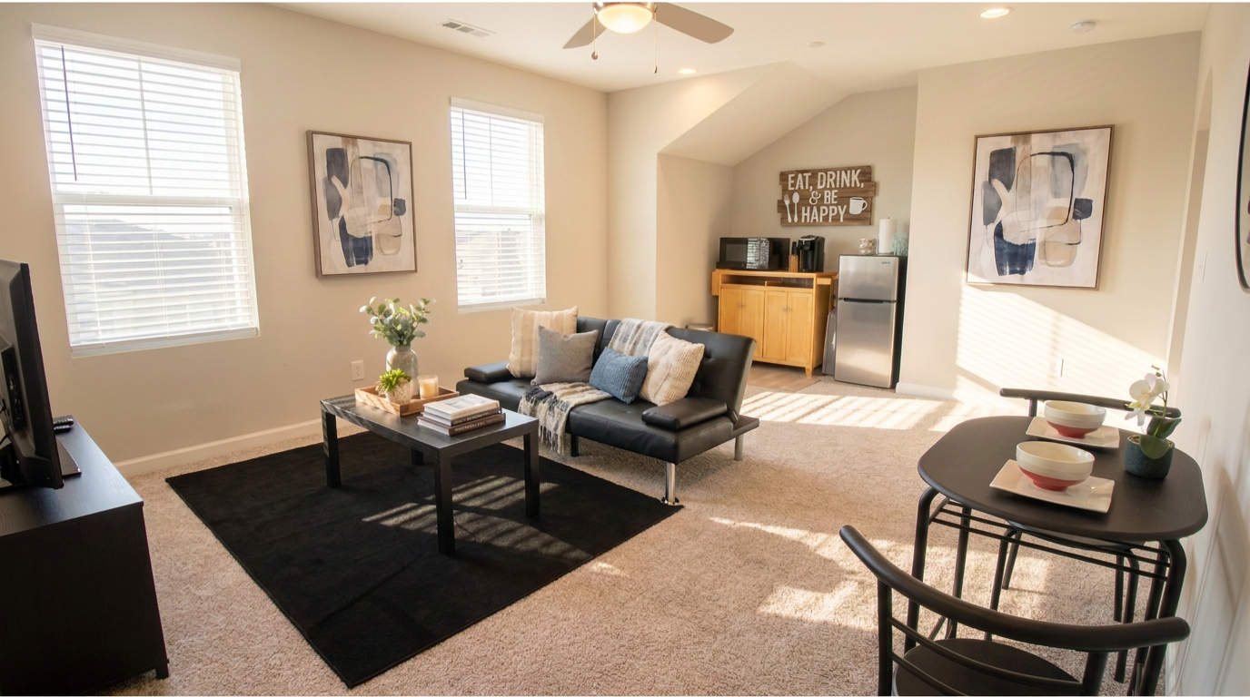 Exclusive large living space fully furnished with living room furniture and a fully stocked kitchenette. 