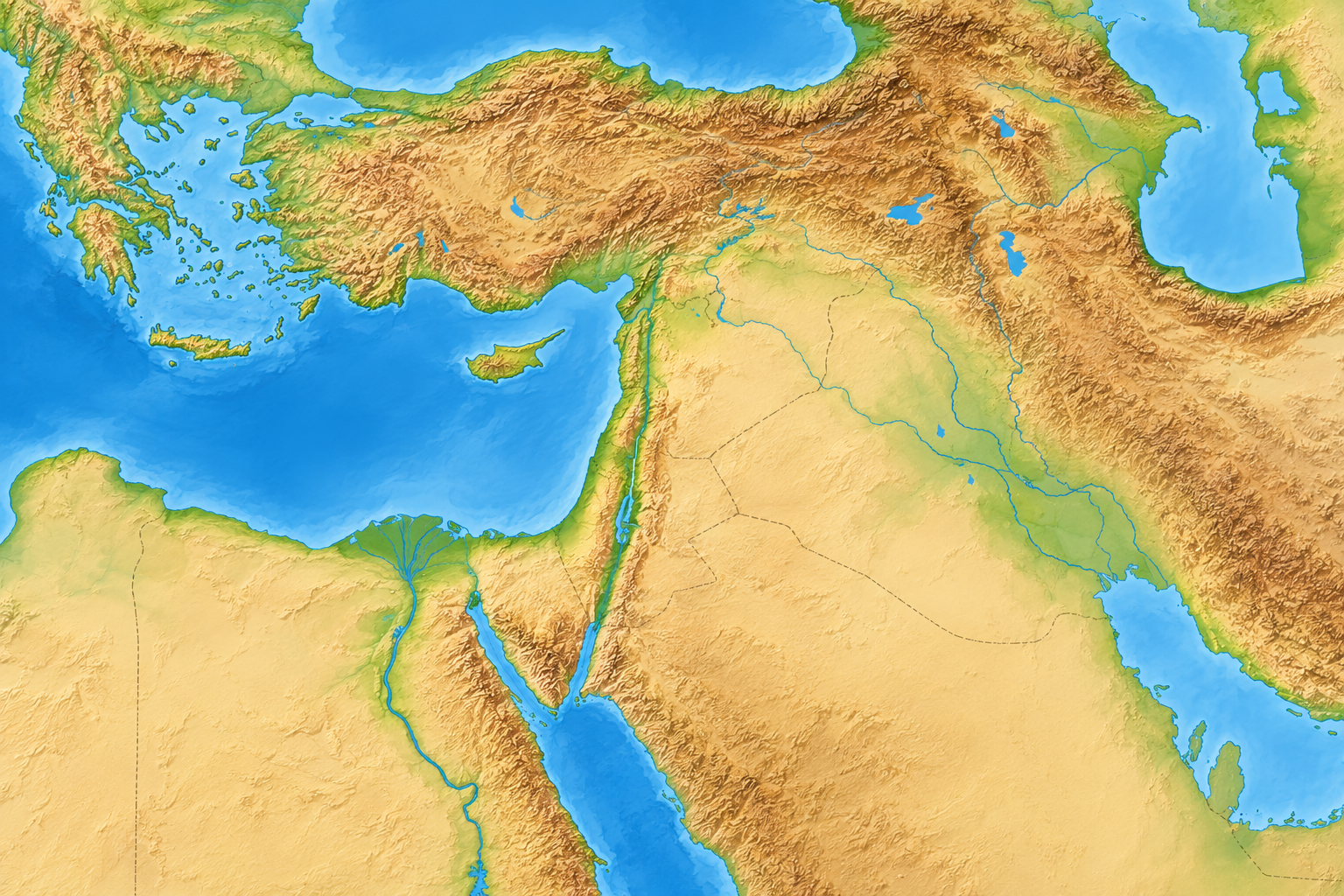 Topographical map of the Middle East showing Greece, Turkey, Cyprus, and parts of the surrounding countries, with mountain ranges, rivers, lakes, and seas labeled.
