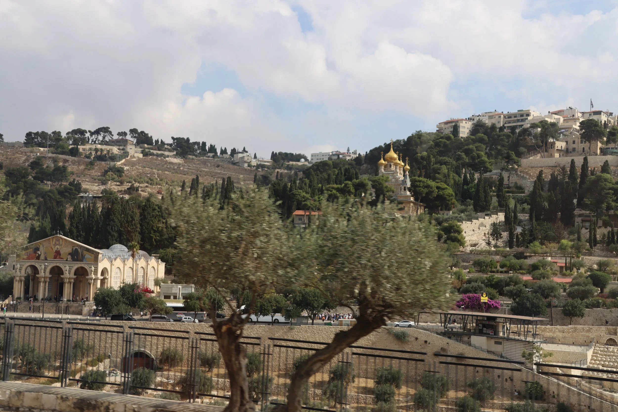 Photo of a hillside area with trees, buildings, and a church with golden domes, taken from a moving vehicle.
