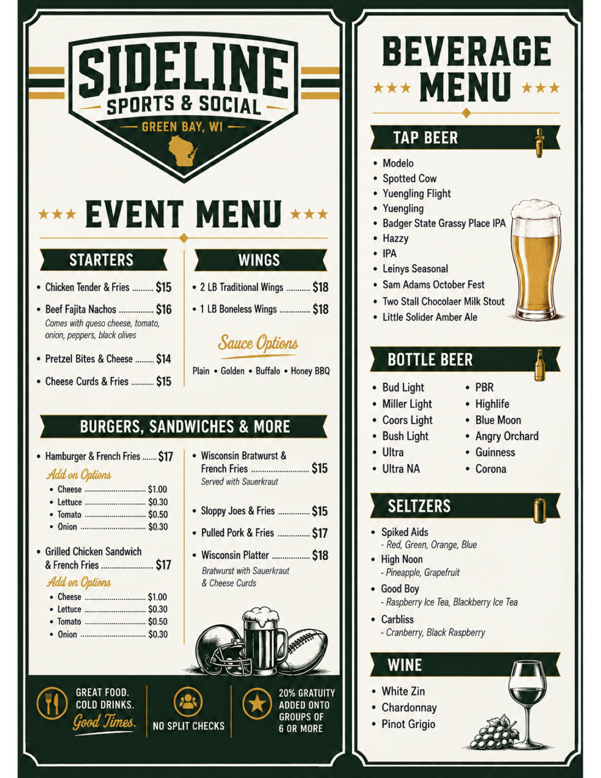 Menu from SIDLNE Sports & Social in Green Bay, WI, featuring event starters, wings, burgers, sandwiches, and more, with beer, seltzers, and wine options.