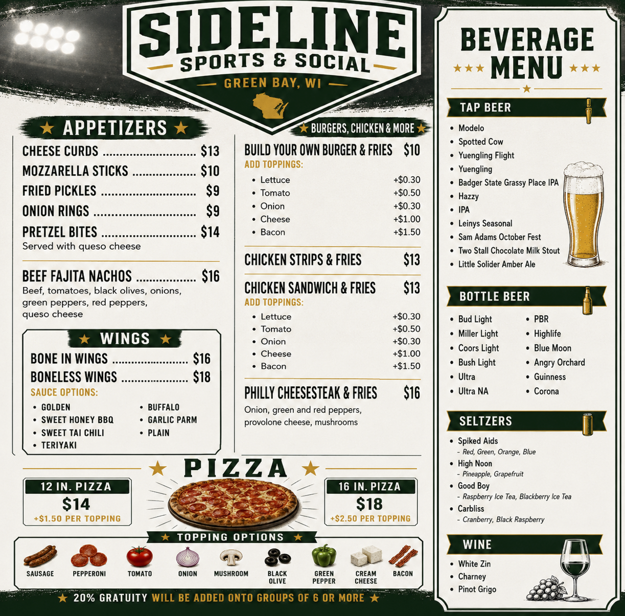 Menu from Sideline Sports & Social in Green Bay, Wisconsin, featuring options for appetizers, wings, pizza, build your own burger and fries, chicken dishes, and more, with a beverage menu including tap and bottle beers, seltzers, and wine.