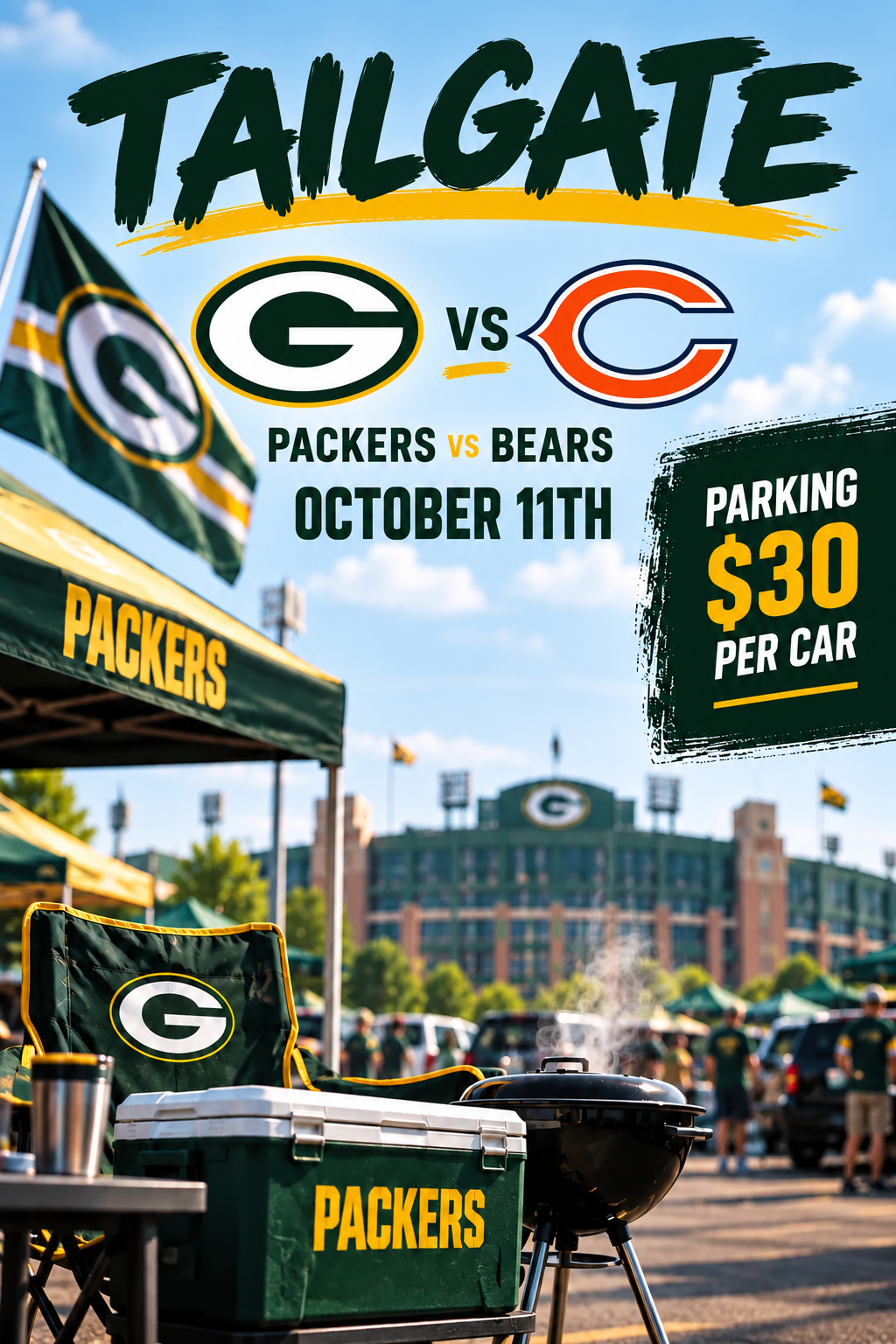 A promotional image for an NFL game between the Green Bay Packers and the Chicago Bears on October 11th with parking details. The image features Packers-themed tents, a cooler, and a grill at a tailgating event outside Lambeau Field, with Packers and Bears flags visible.