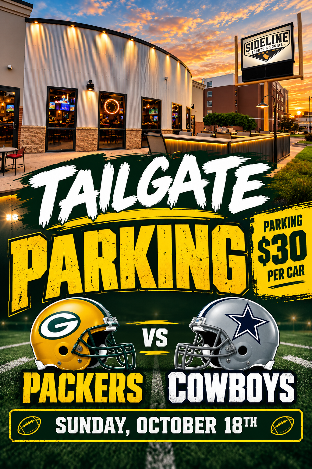 Poster advertising a football tailgate event between the Green Bay Packers and the Dallas Cowboys on Sunday, October 18th, with parking costing $30 per car. The poster features images of helmets from both teams and a background of a stadium field at sunset.